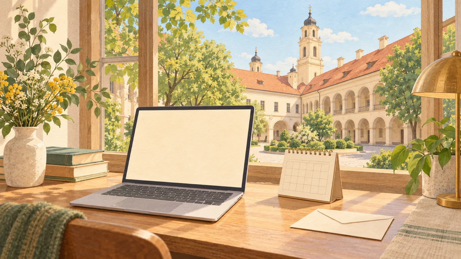 大学の中庭が見える勉強机のイラスト